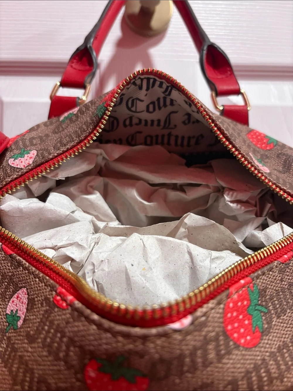 BNWT JUICY COUTURE Brown Logo Satchel with Red Strawberry Print